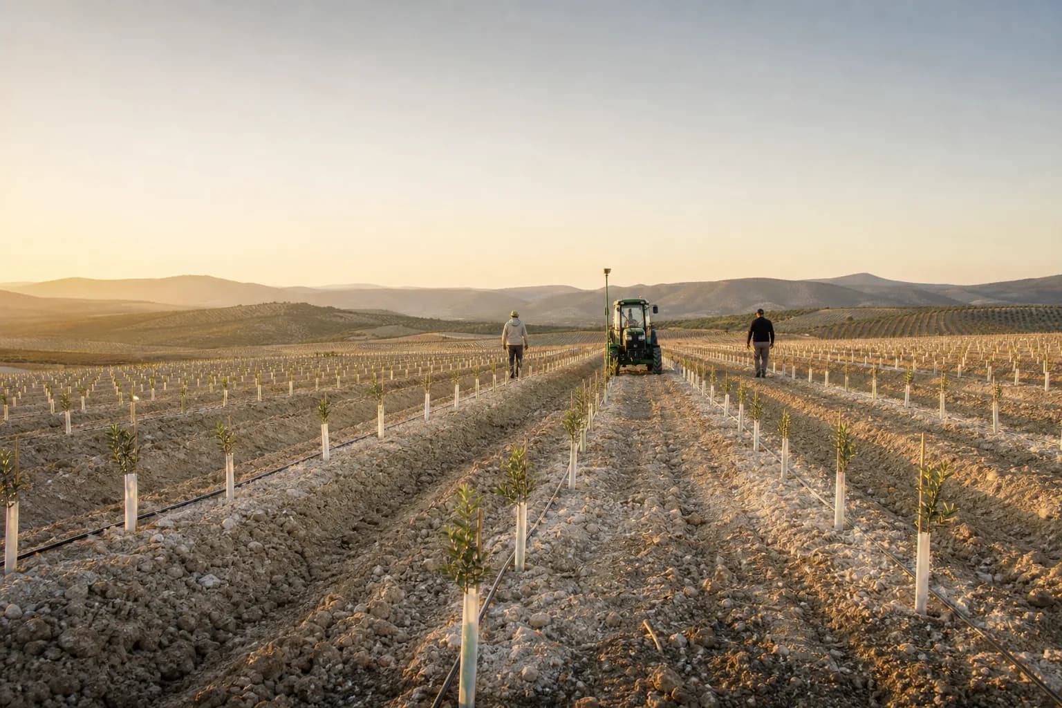 Equipo replanteando con un sistema de posicionamiento GPS una nueva plantación de olivos en Andalucía