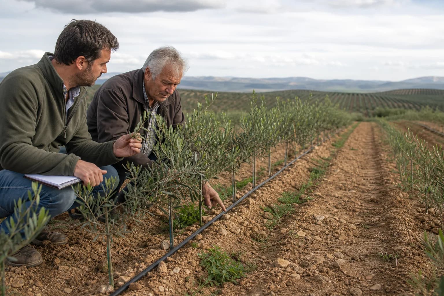 Técnico y agricultor revisando hojas y riego en un olivar joven