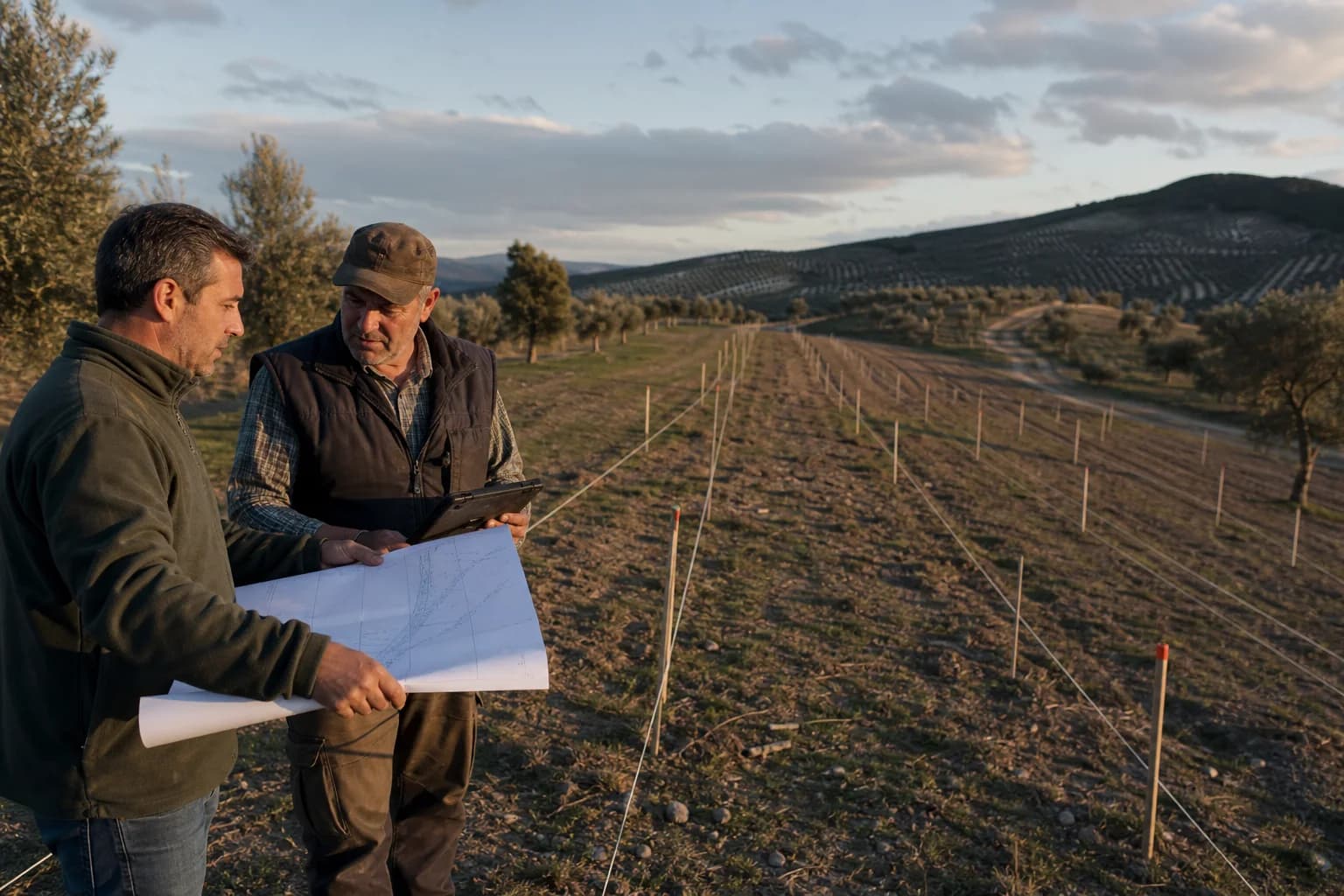 Agrónomo revisando el trazado de una futura plantación de olivar sobre el terreno