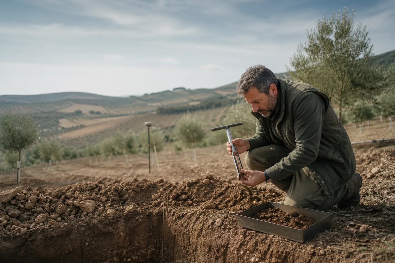 Técnico examinando un perfil de suelo en una finca destinada a olivar