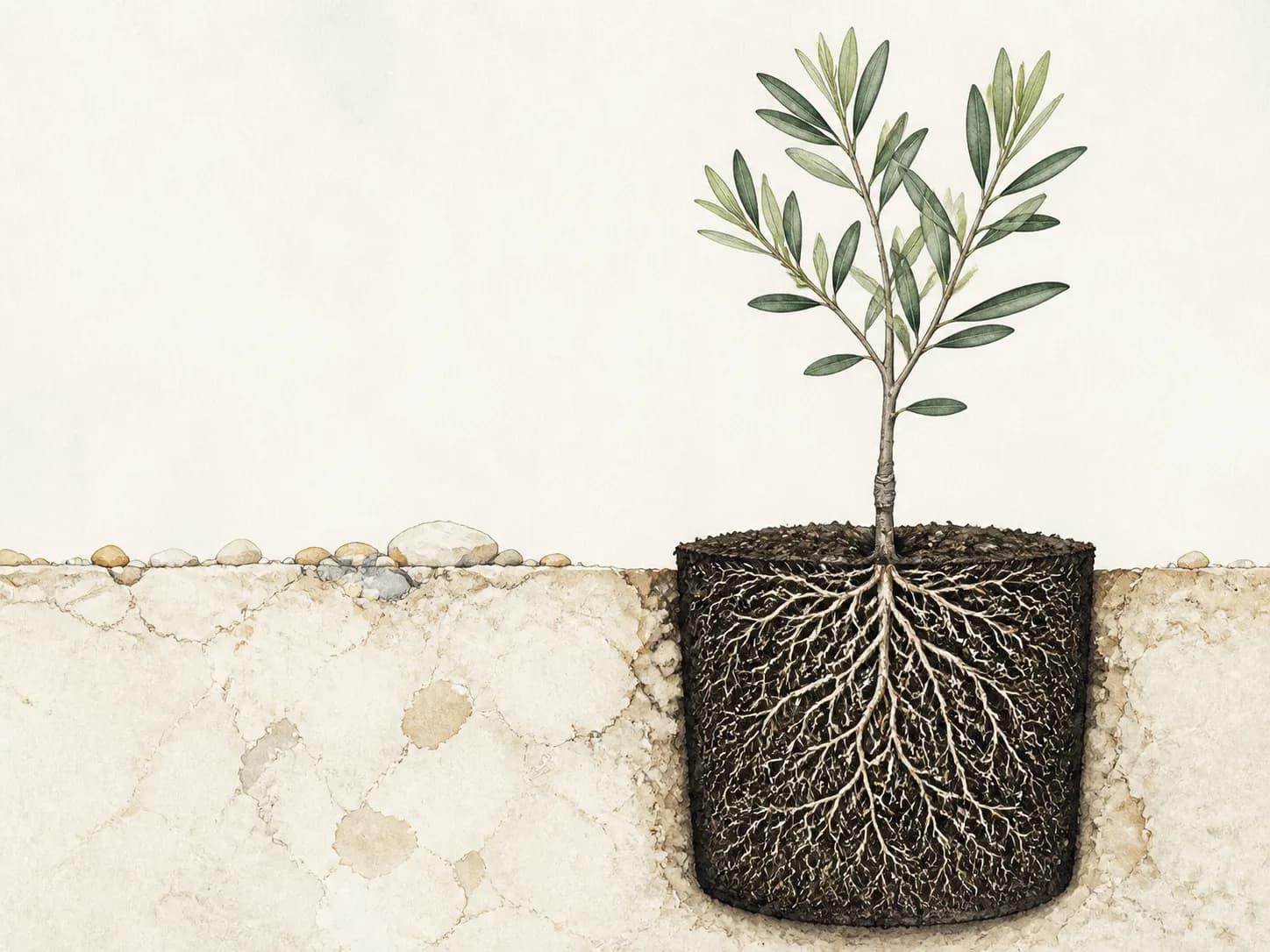 Ilustración del cepellón y las raíces de un plantón de olivo