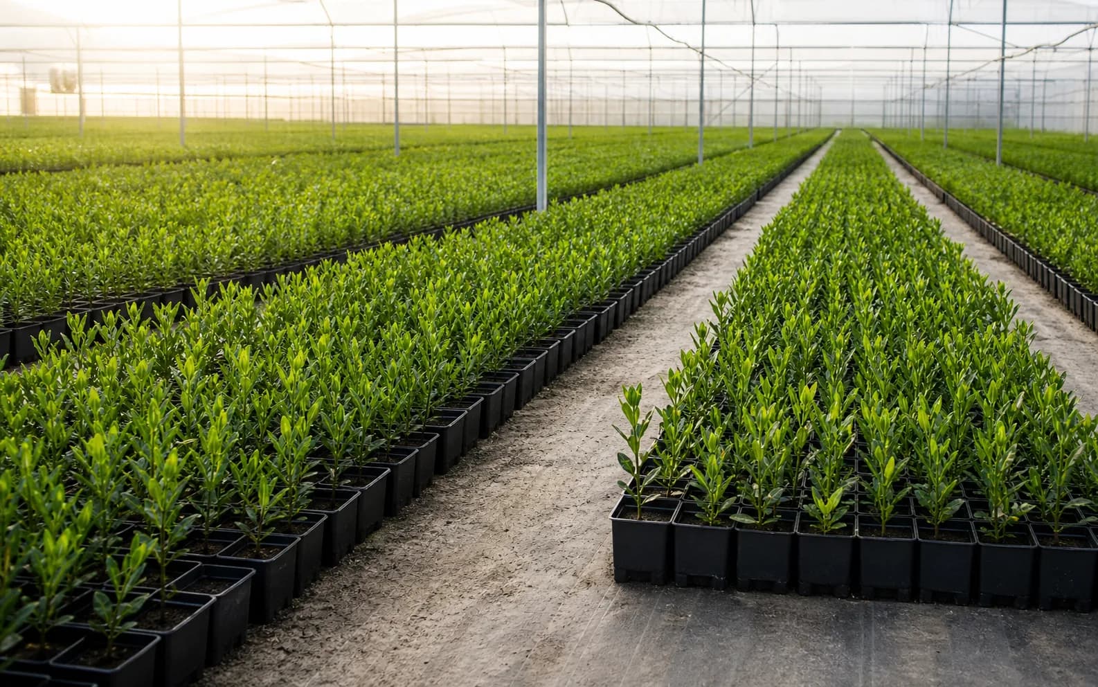 Filas de jóvenes plantas de olivo preparadas en Viveros Repiso