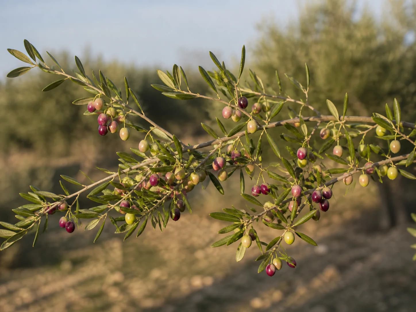 Rama de Arbequina con fruto pequeño en diferentes fases de envero